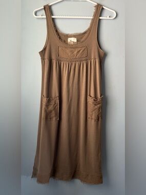 Linq Tan Brown Sleeveless Pockets Cotton Blend Flowy Midi Dress Silk Trim